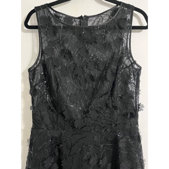RICKIE FREEMAN TERI JON Dress Tea Length Sequins 3D Floral Appliques Black 12 - Picture 3 of 16